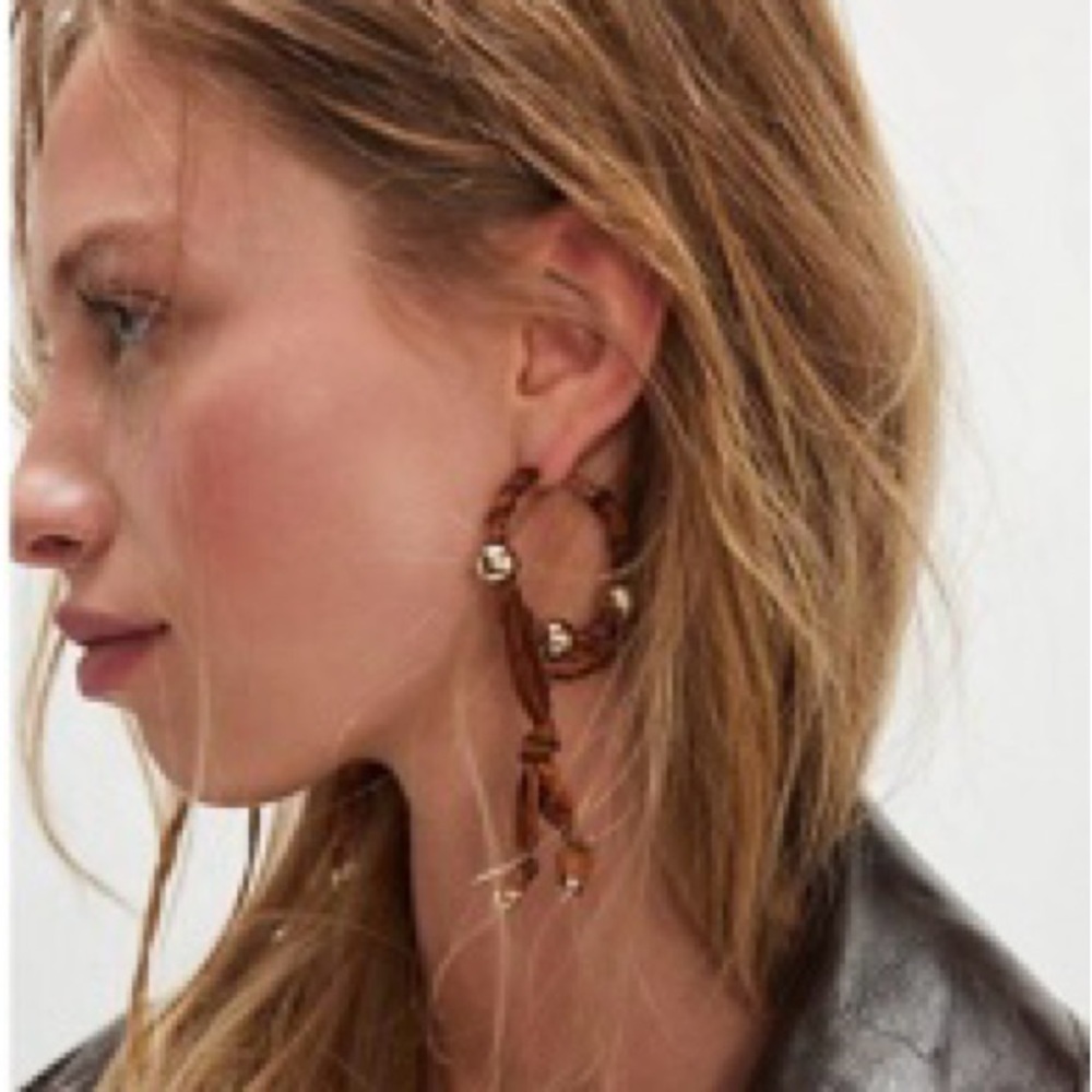Free People Lingering Love Natural Brown & Beaded Hoop Earrings